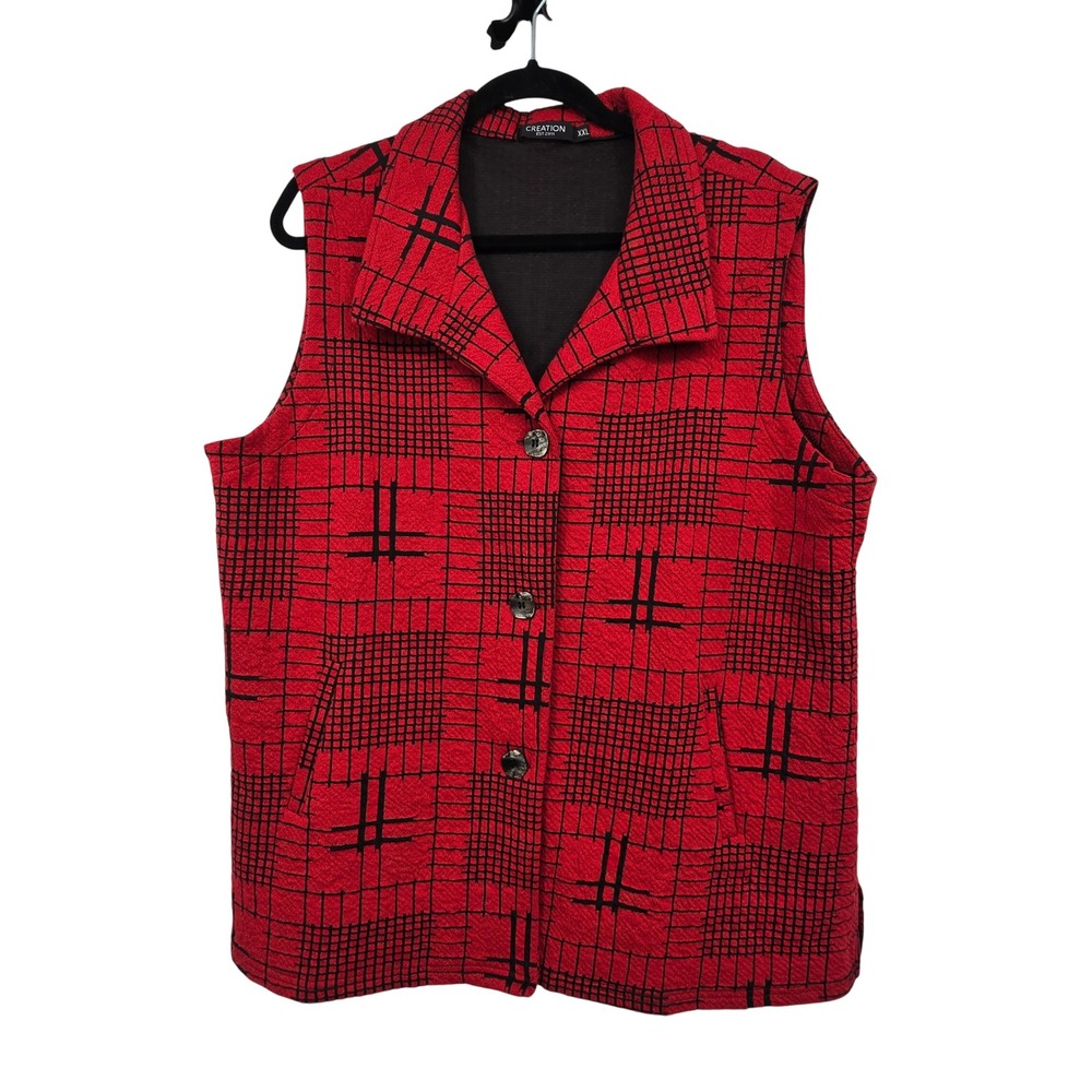 Creation Plaid Artsy Vest Womens XXL Red Black Lagenlook‎ Button Front Pockets